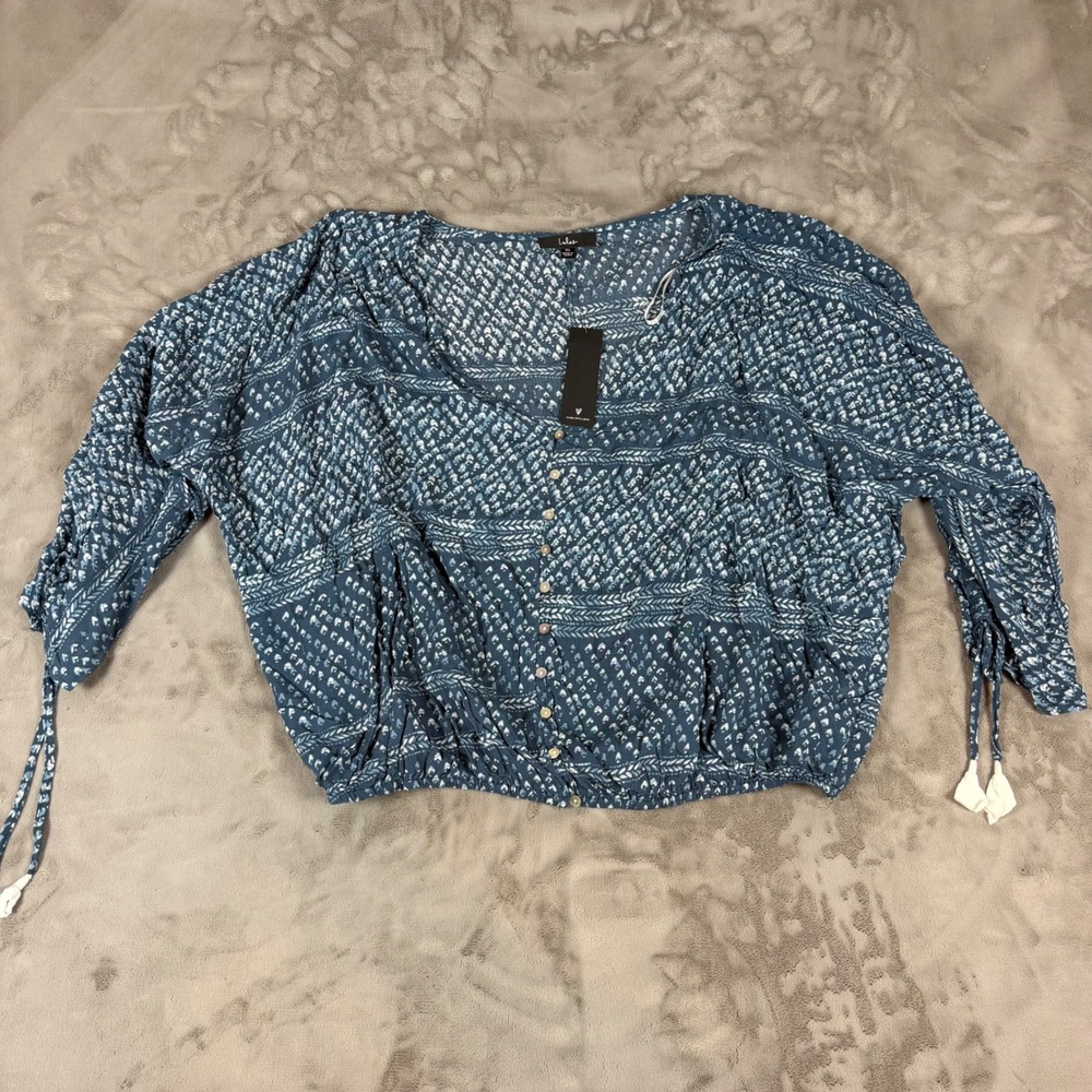 Lulus Blue White Printed Button Front Blouse Tassel Cinched Sleeve Top XL NEW